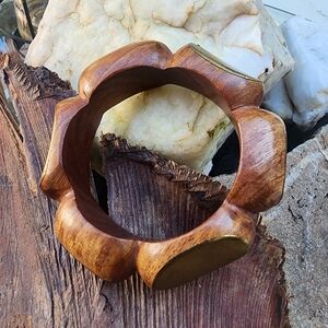 Vintage 1960s Hippie Boho Antique Gold Bali Bronze WOOD Bracelet